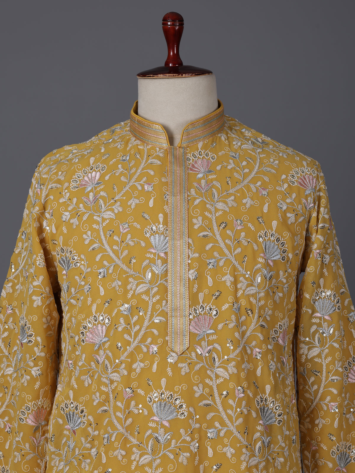 Yellow georgette embroidered work haldi festive kurta suit