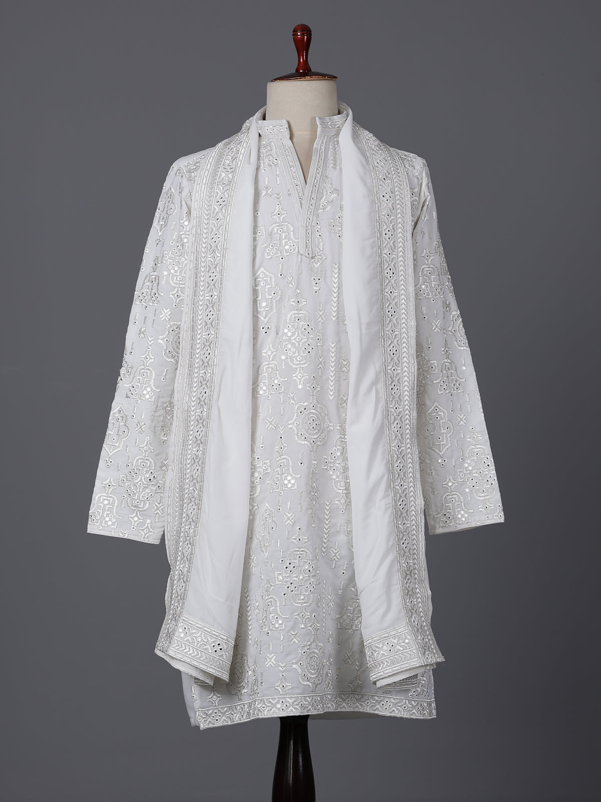 White cotton silk embroidered work festive kurta suit