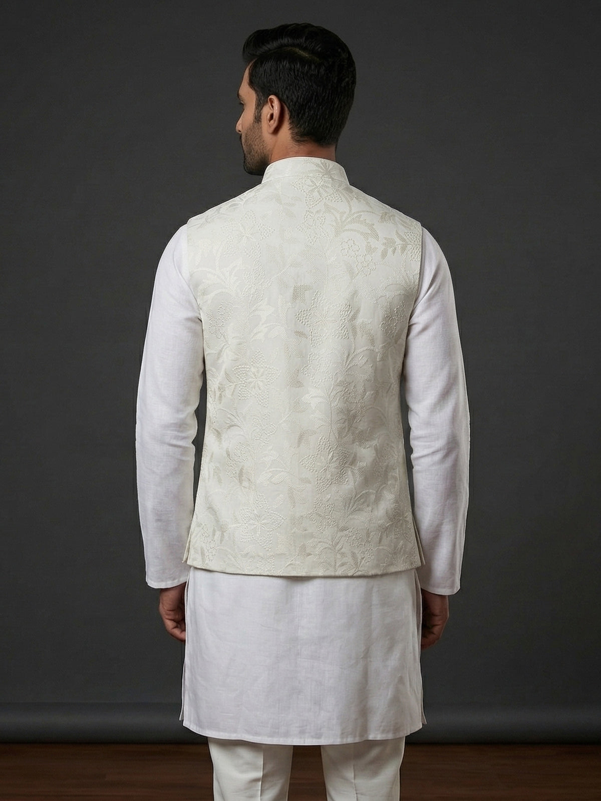 White cotton embroidered festive waistcoat for celebrations