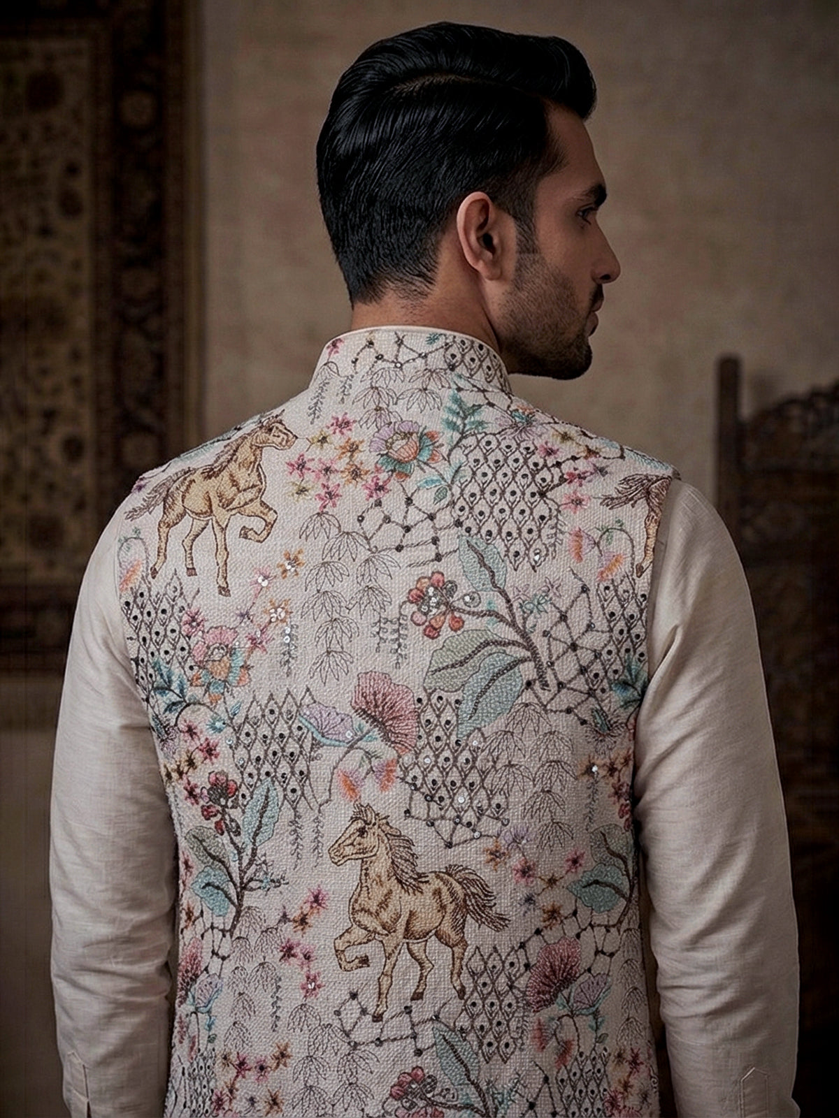 Cream jute thread sequin embellished festive waistcoat