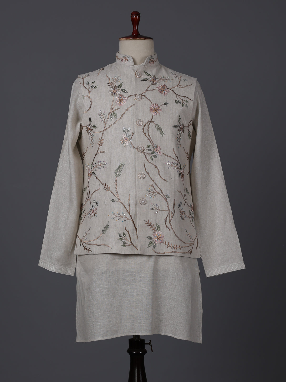 Cream cotton linen embroidered festive waistcoat set