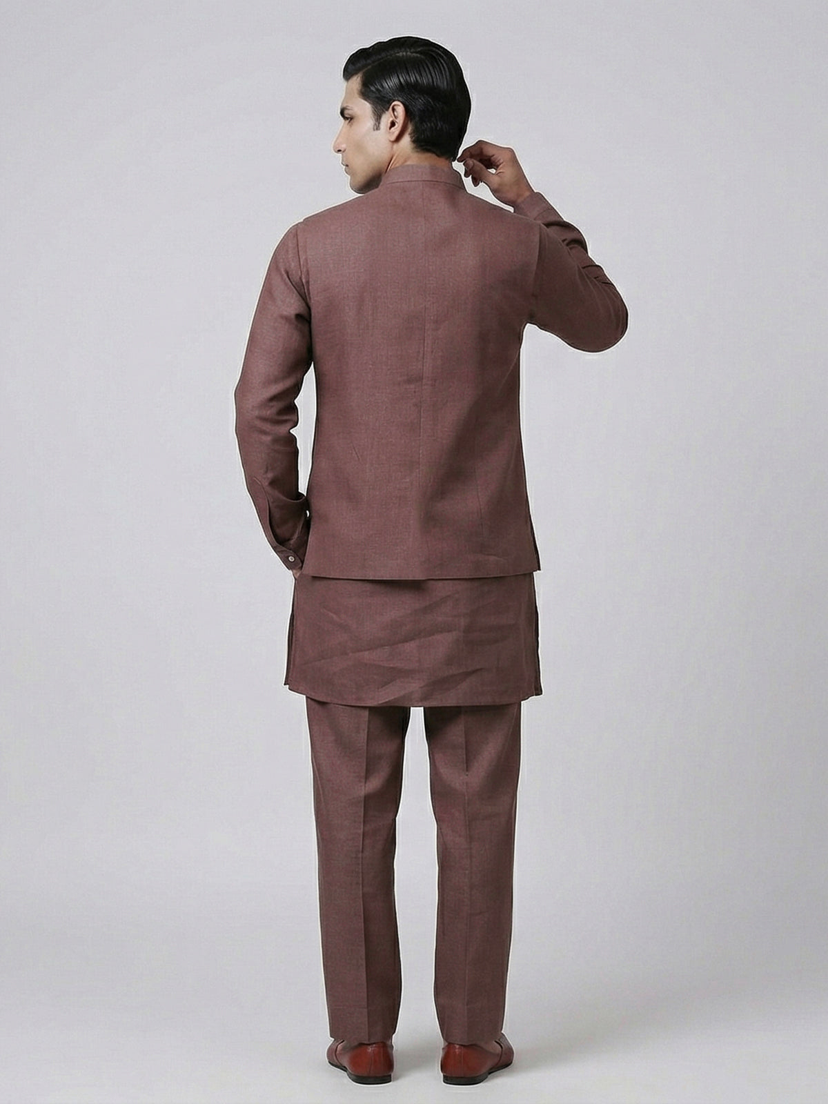 Brown cotton linen heavily embellished waistcoat set