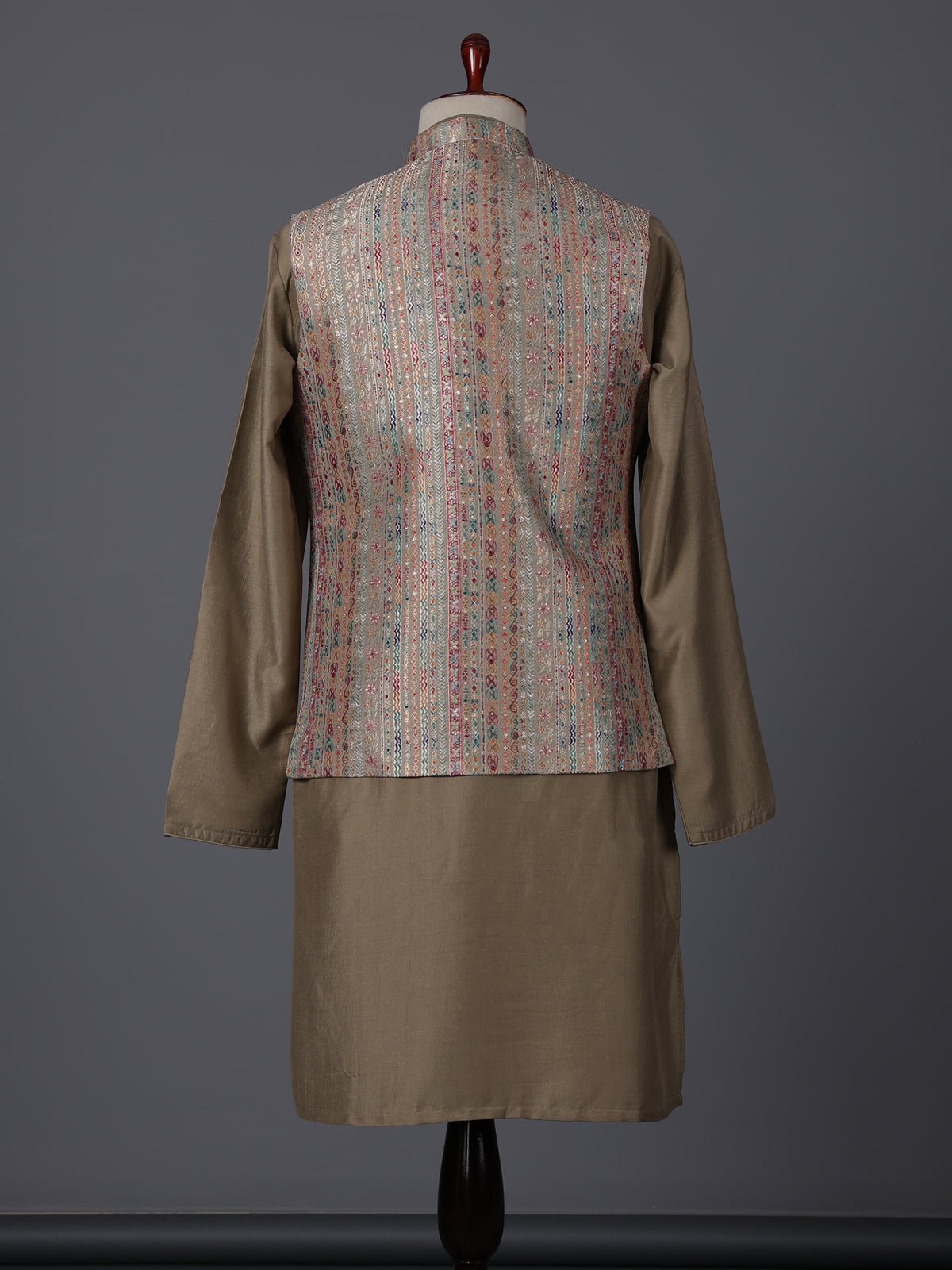 Dusty olive silk printed festive waistcoat set