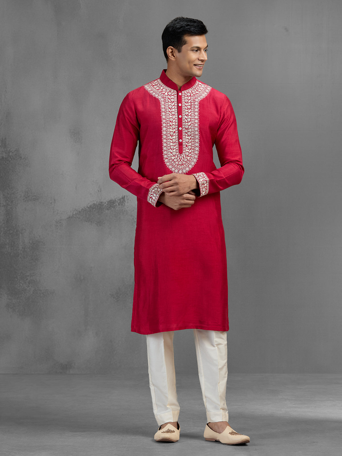 Magenta silk geometric embroidered statement kurta suit