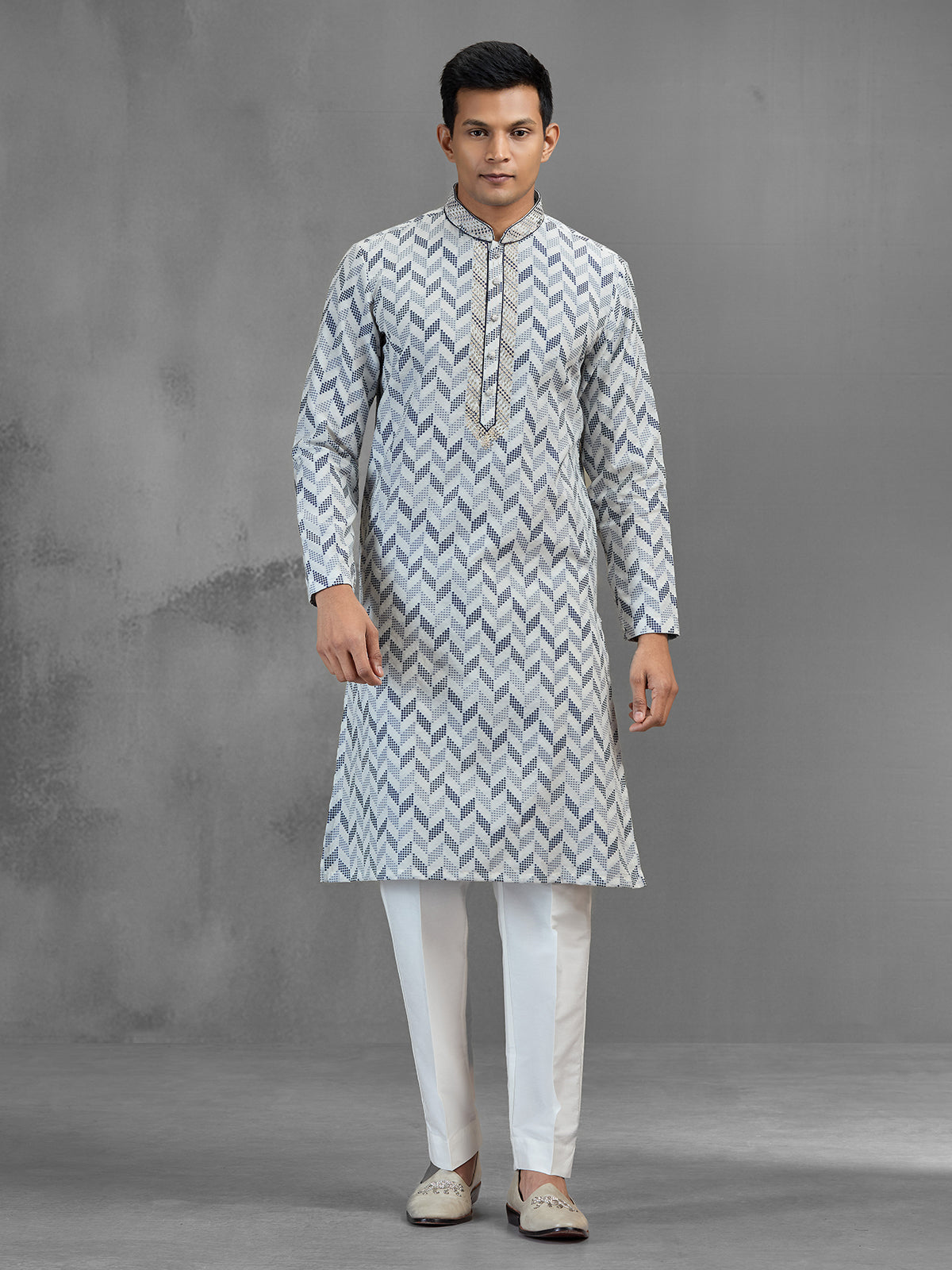 Off white chevron embroidered banarasi silk festive kurta pajama
