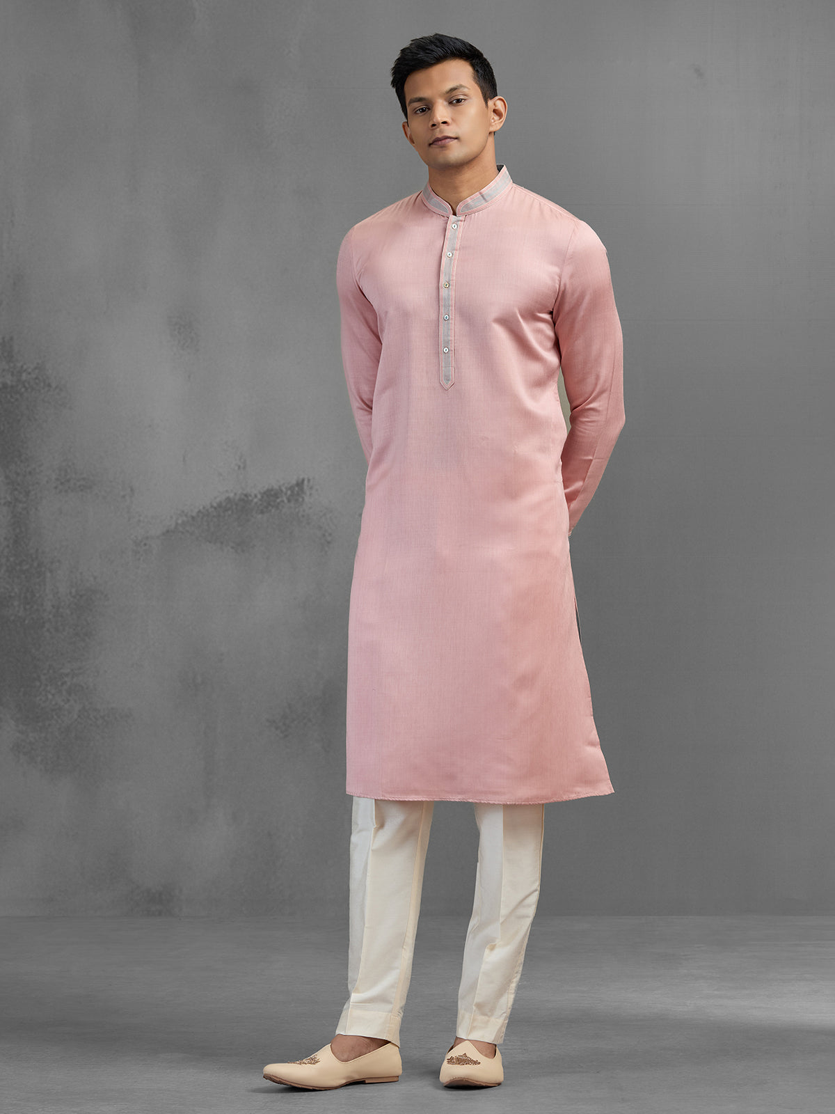 Light pink soft silk subtle festive threadwork kurta pajama