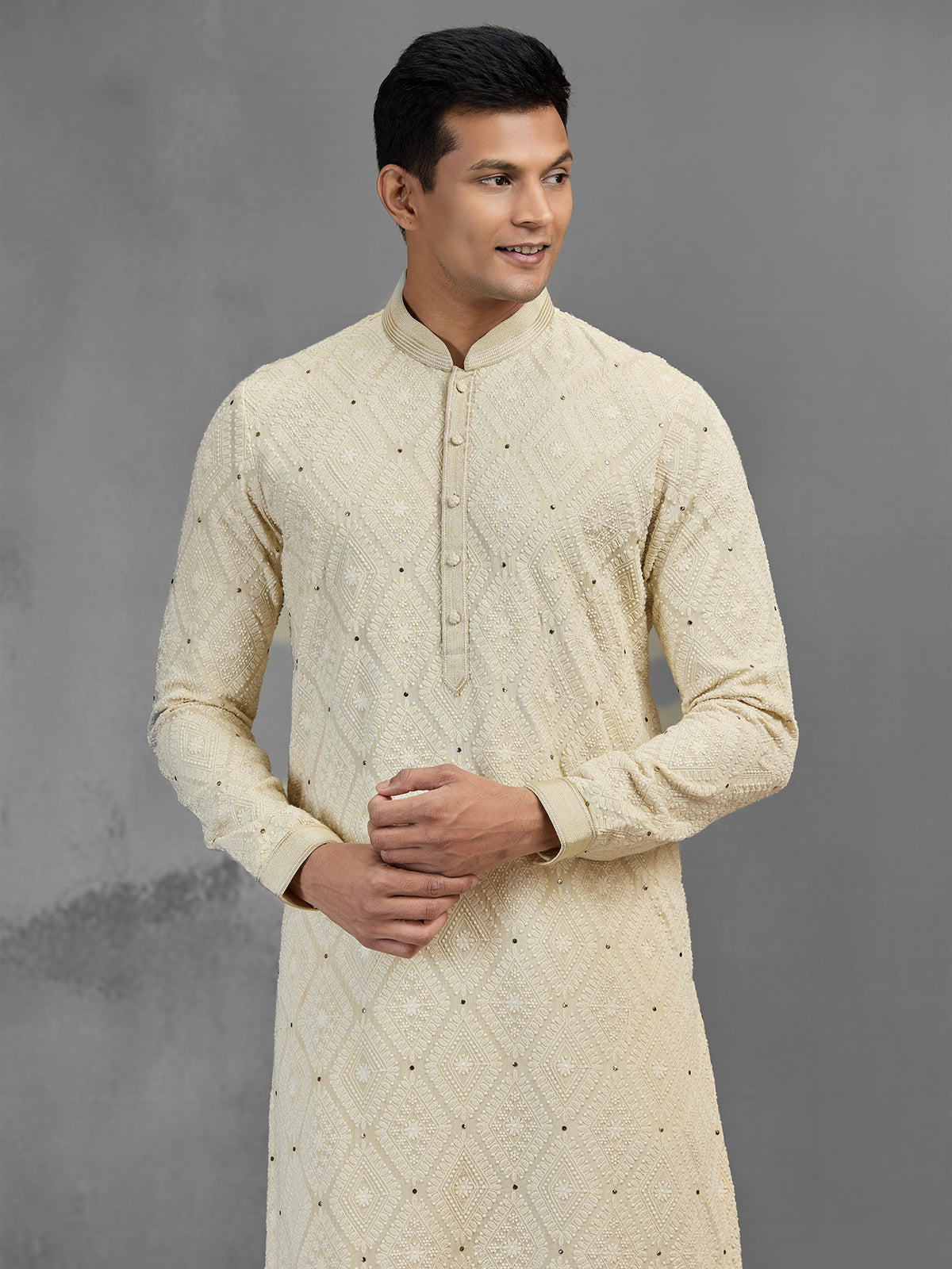 Cream dupion georgette chinon chikankari festive kurta pajama