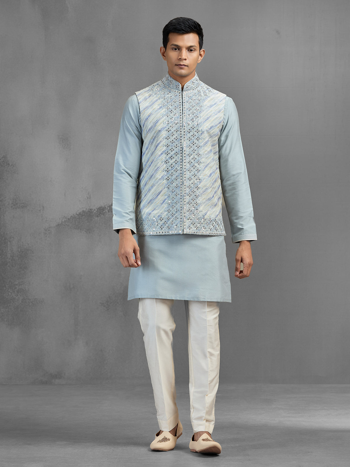 Blue silk floral jaal embroidered festive waistcoat set