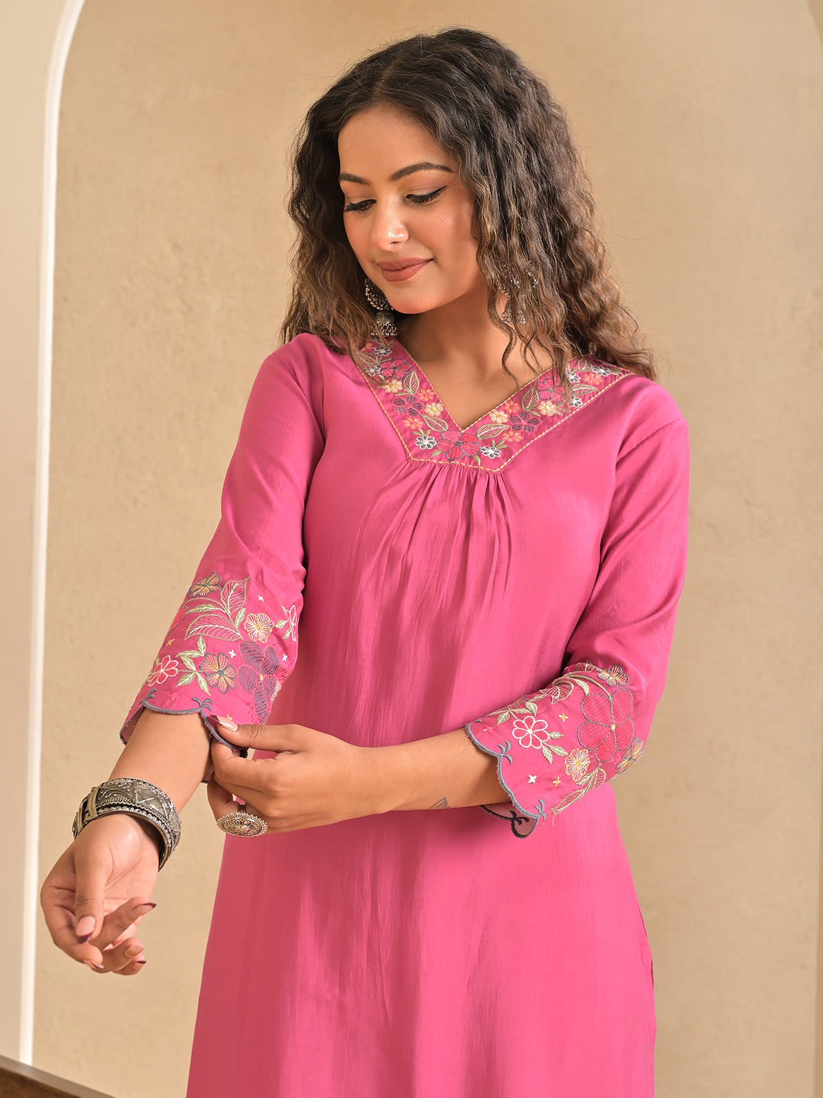Pink silk embroidered v neck casual kurti
