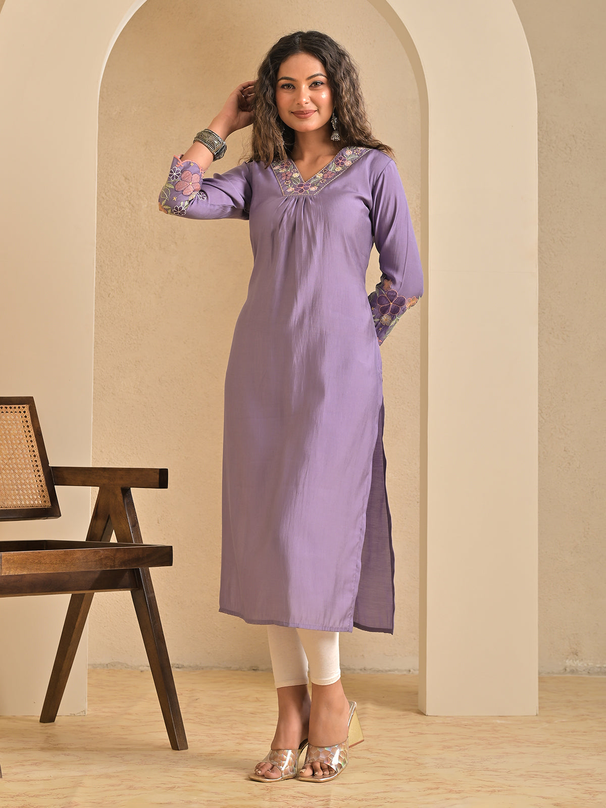 Lilac purple silk embroidered v neck casual kurti