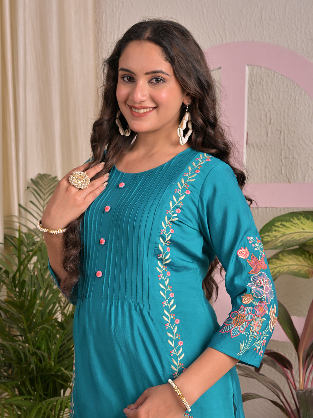 Aqua blue silk embroidered round neck casual kurti