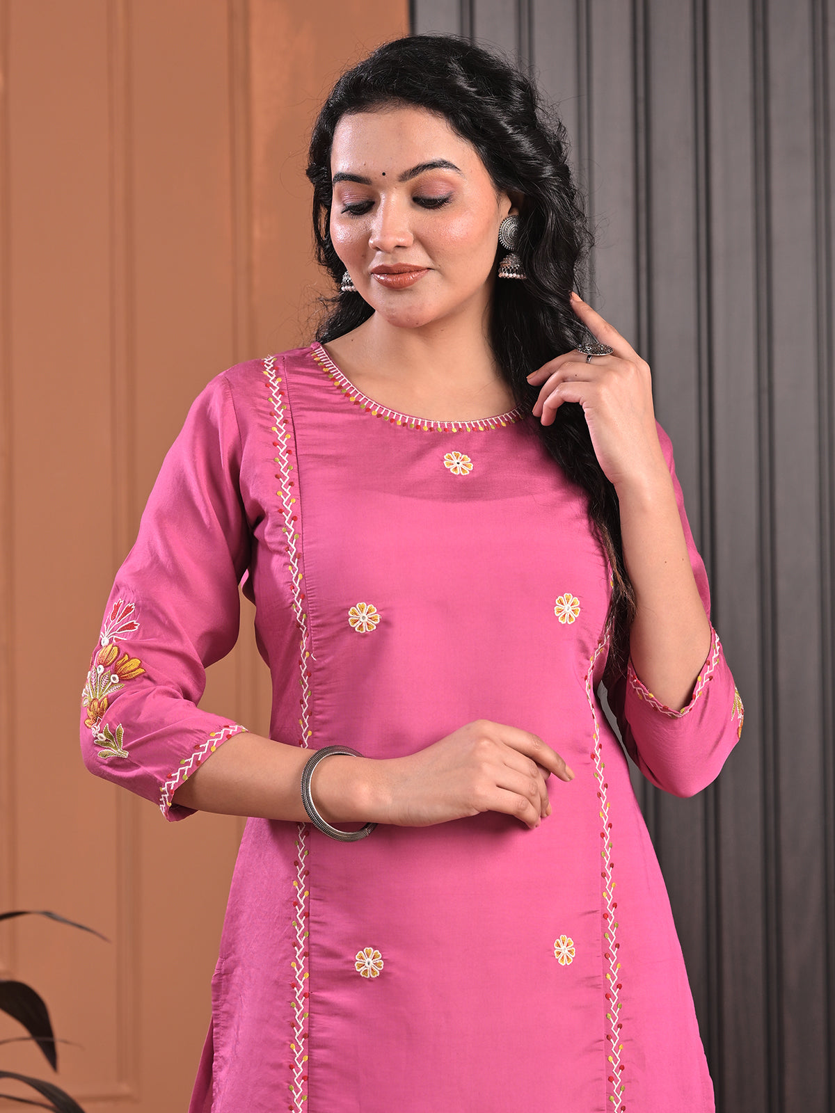 Pink silk embroidered round neck casual kurti