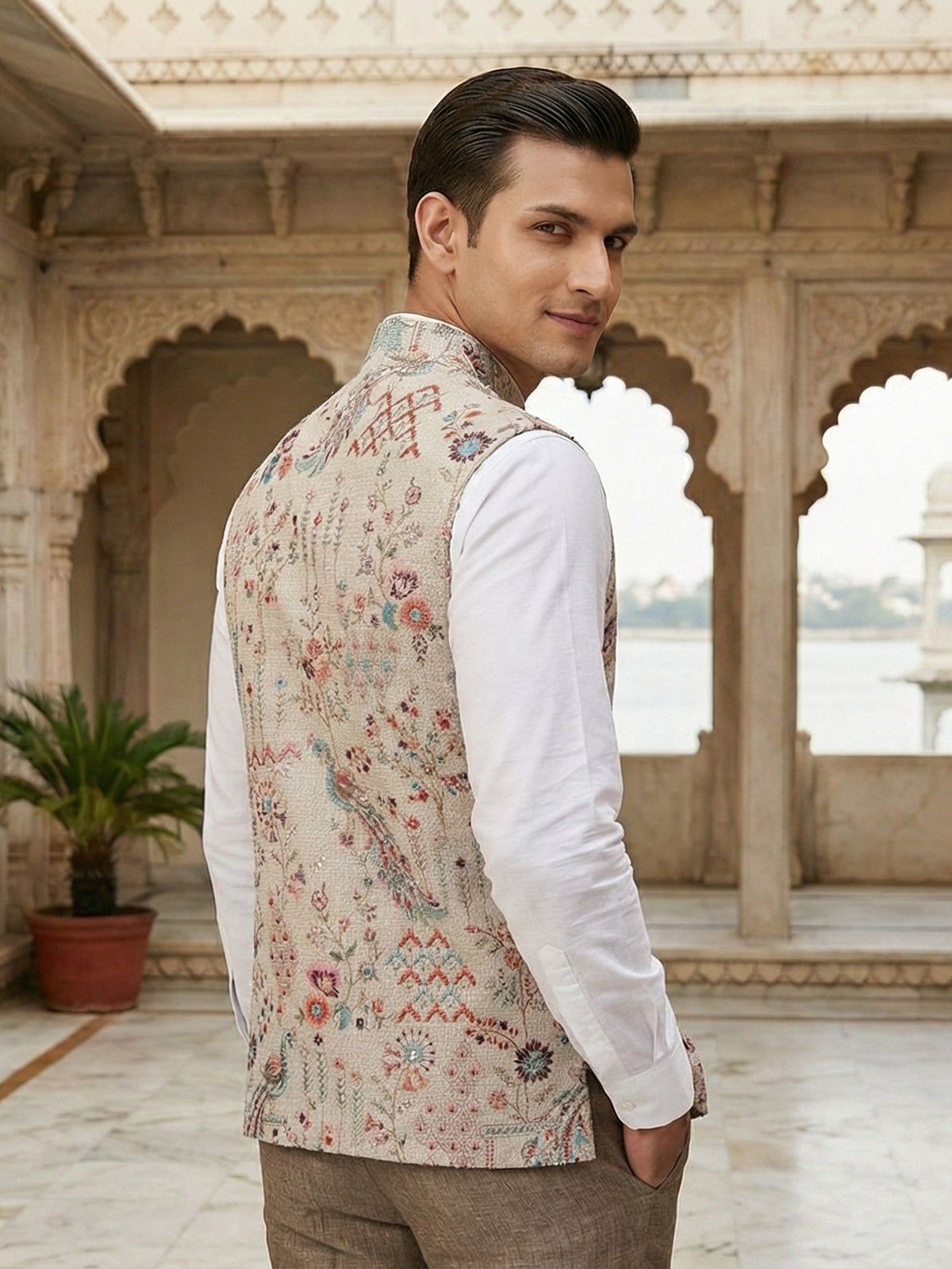 Beige embroidery jute waistcoat