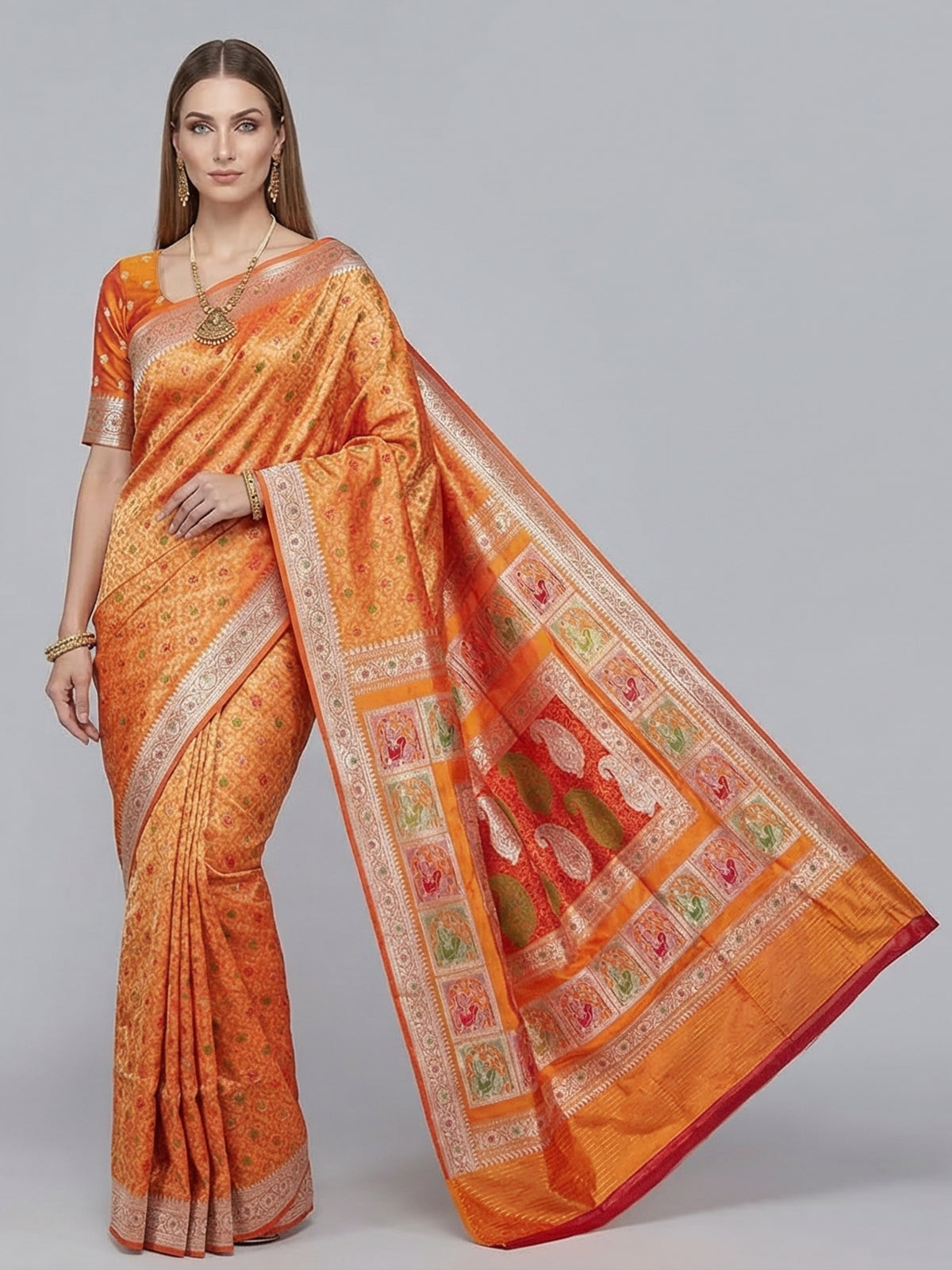Orange zari banarasi silk saree