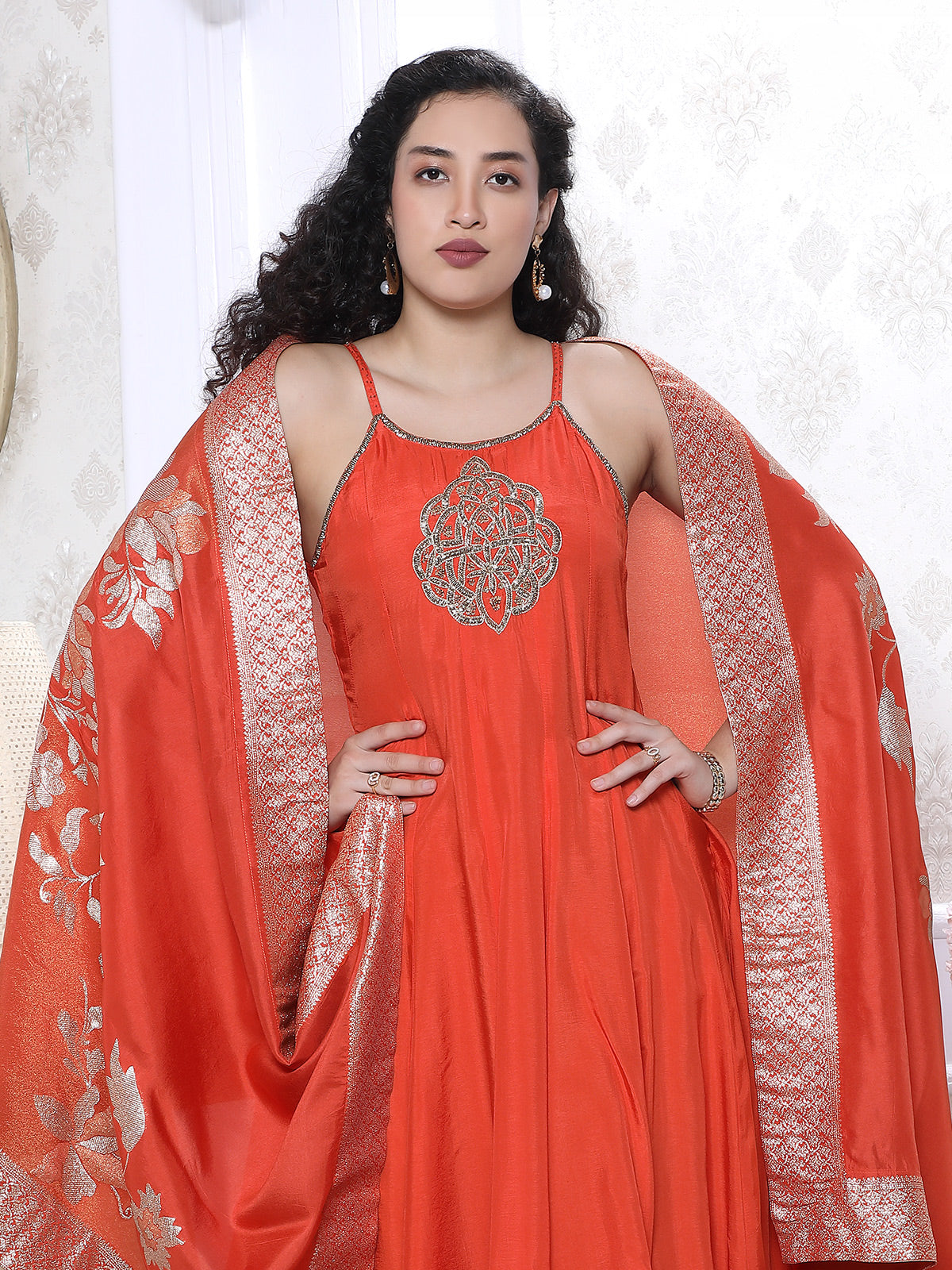 Orange silk sleeveless festive kurti palazzo set with dupatta