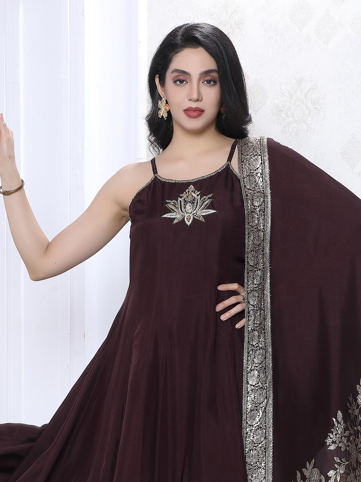 Wine satin silk festive kurti palazzo set with zari dupatta