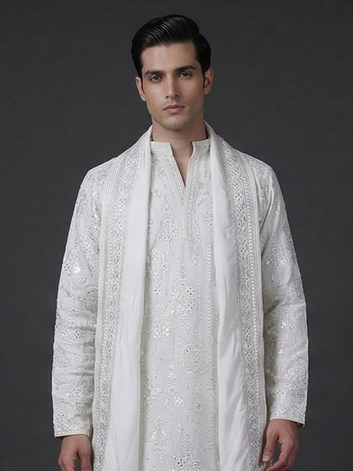 White cotton silk embroidered work festive kurta suit
