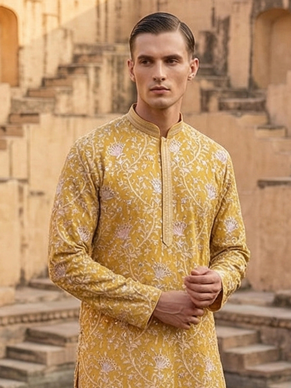 Yellow georgette embroidered work haldi festive kurta suit