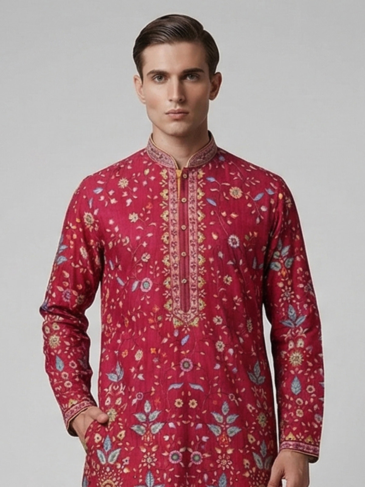 Deep rani pink silk floral embroidered festive kurta suit