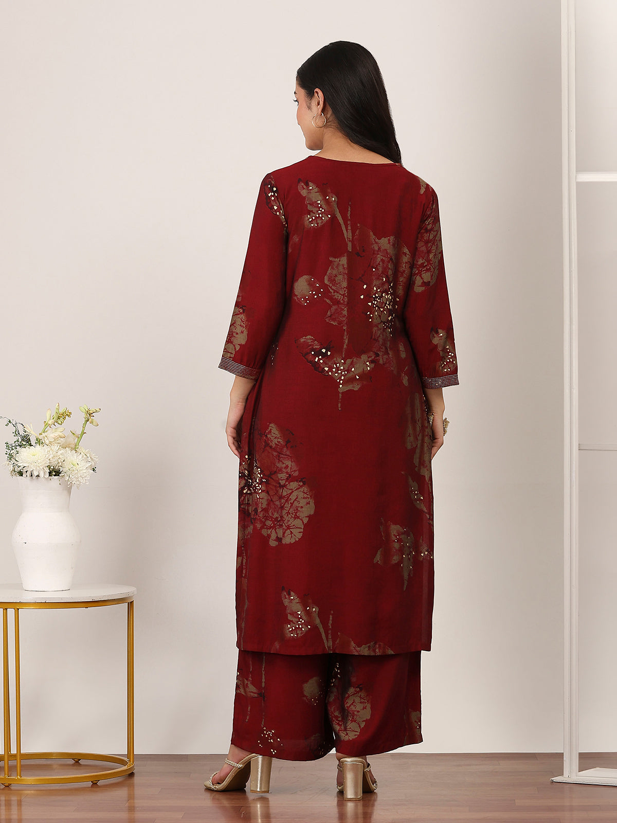 Maroon cotton silk printed kurti palazzo set elegance