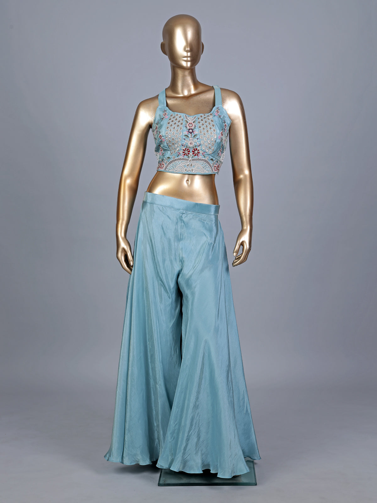 Sky blue silk jacket style designer palazzo suit