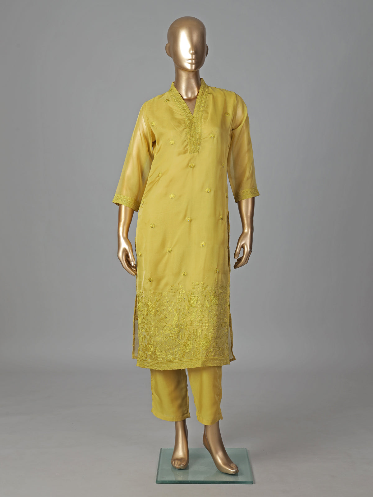 Mehendi yellow georgette kurti set festive elegance