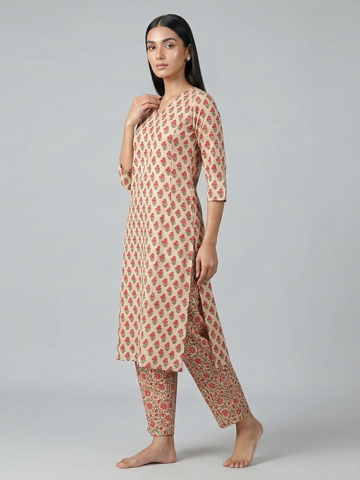 Cream cotton silk printed kurti set subtle charm