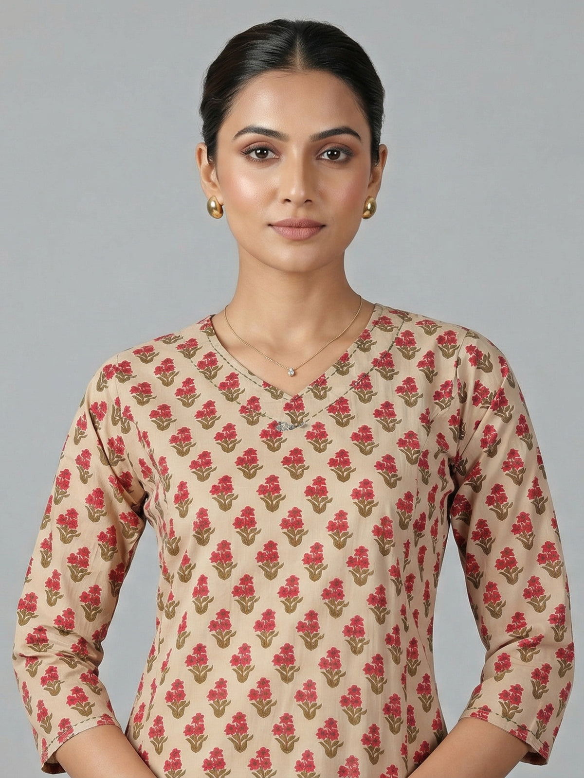 Cream cotton silk printed kurti set subtle charm