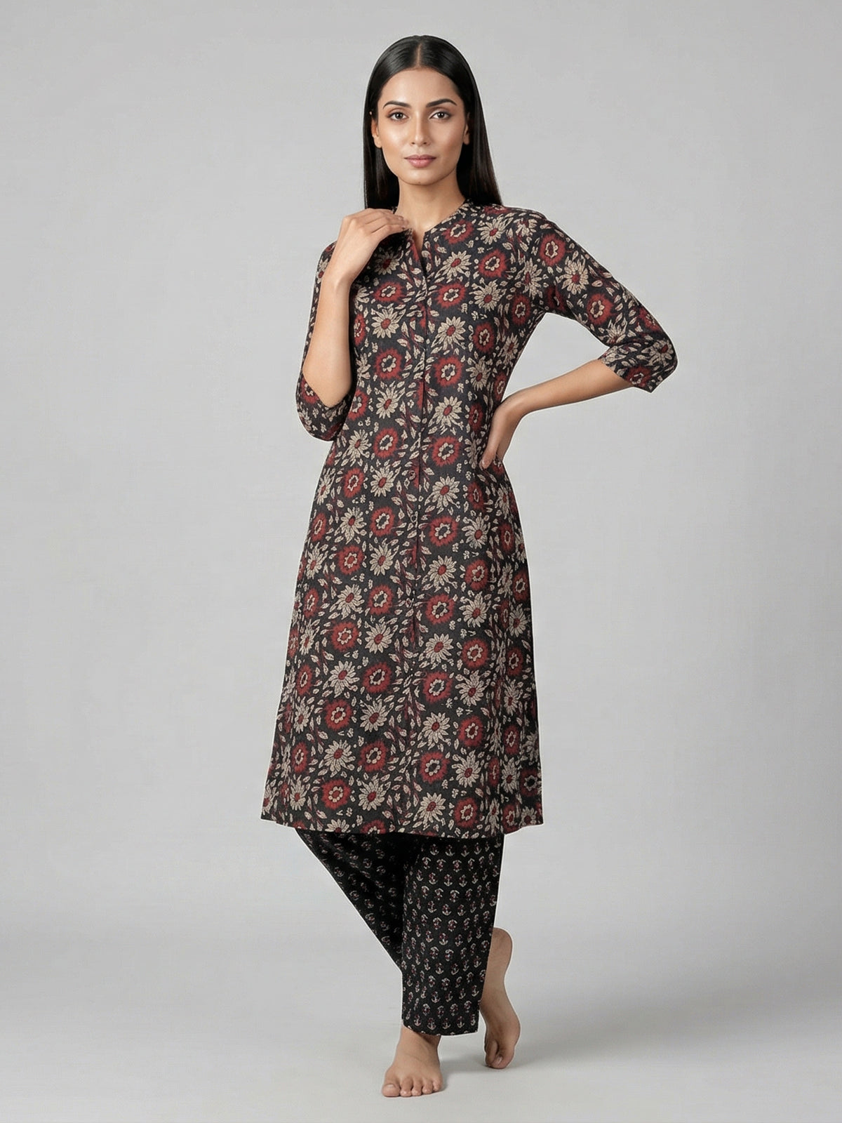 Black cotton silk floral printed kurti set style
