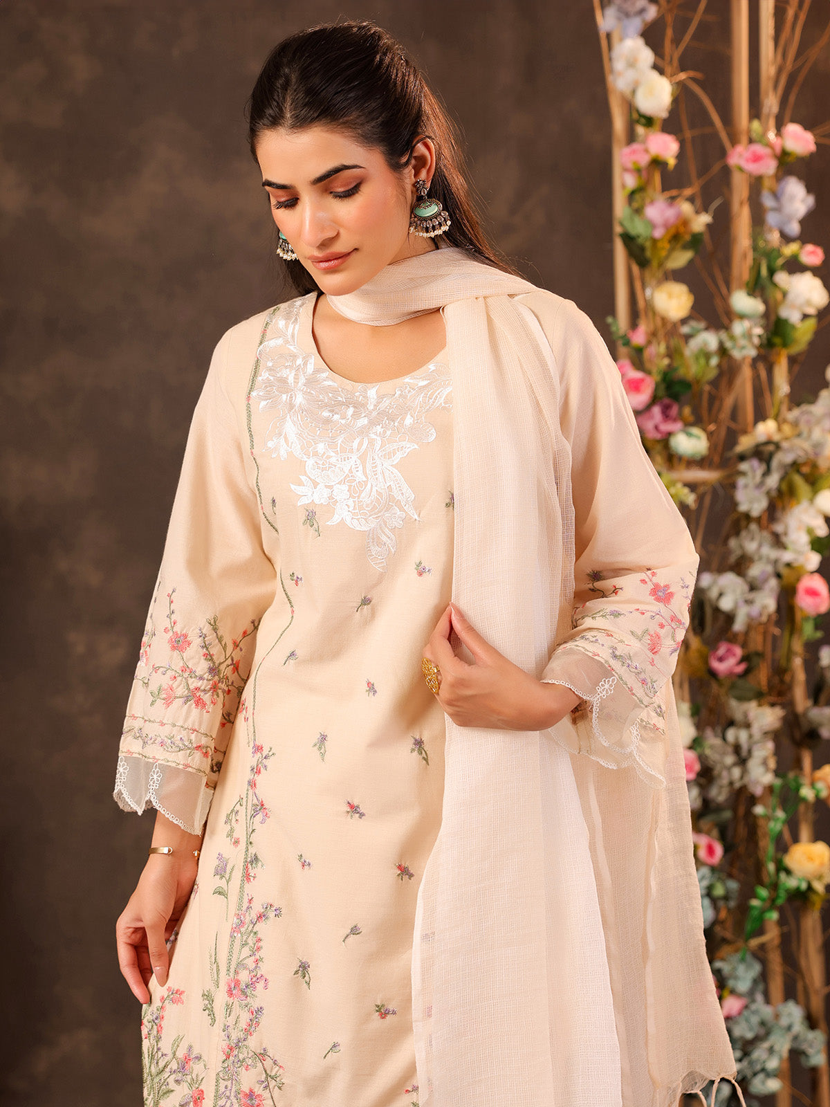 Beige cotton straight cut kurti set