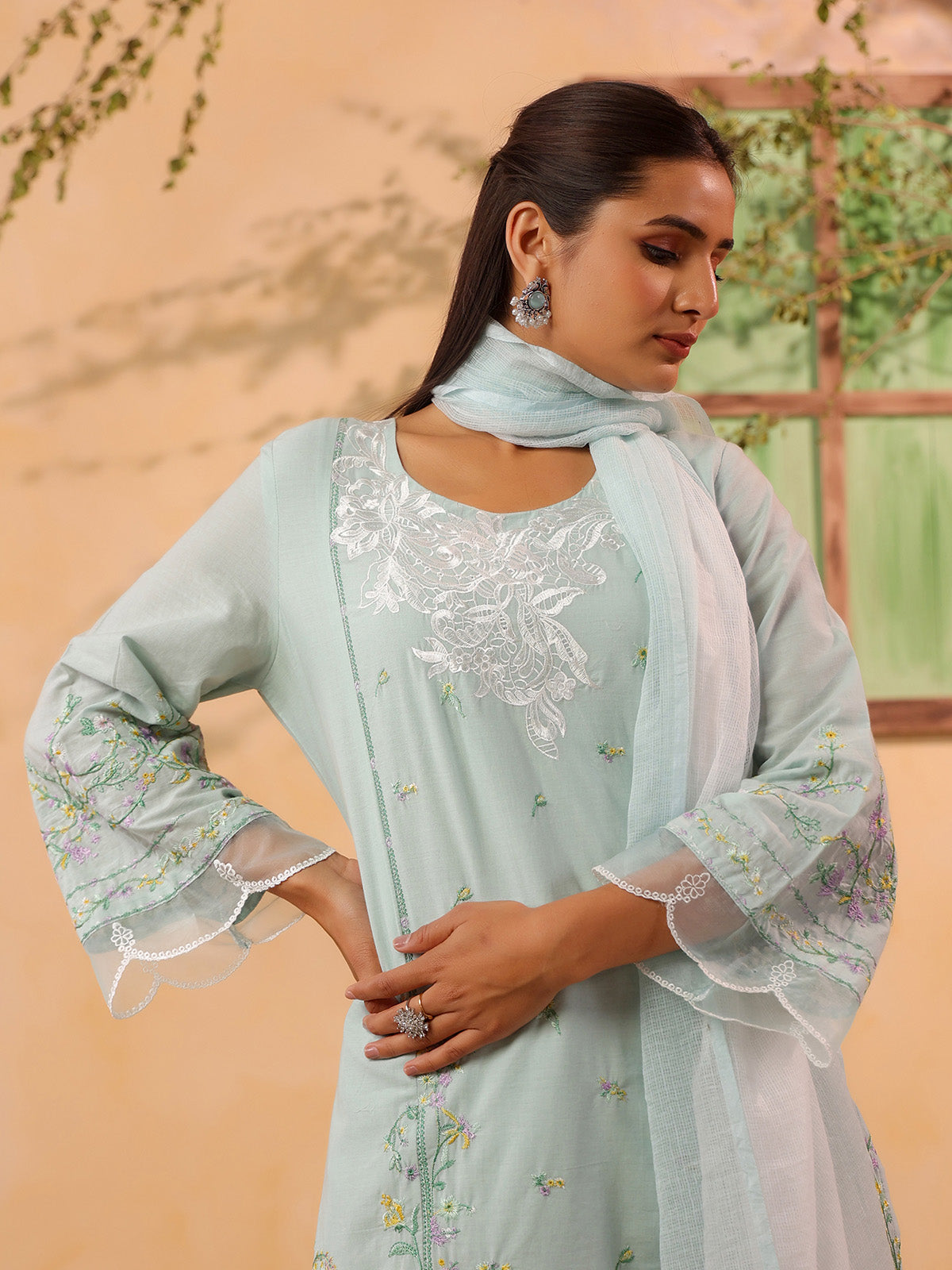White printed elegant cotton silk kurti set for women