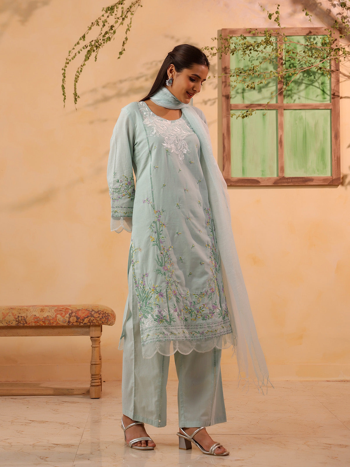 White printed elegant cotton silk kurti set for women