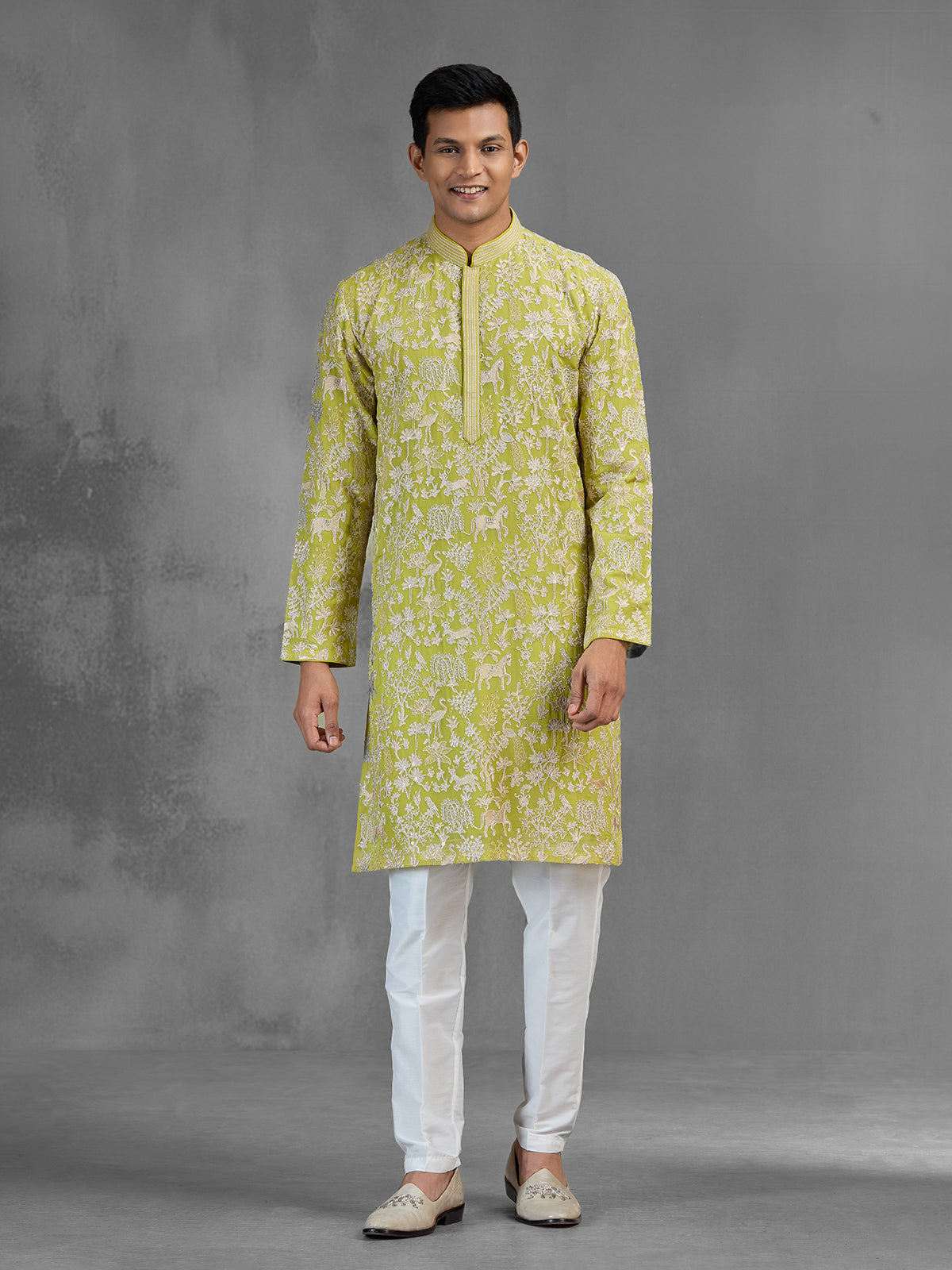 Lime green silk men kurta suit with zardosi