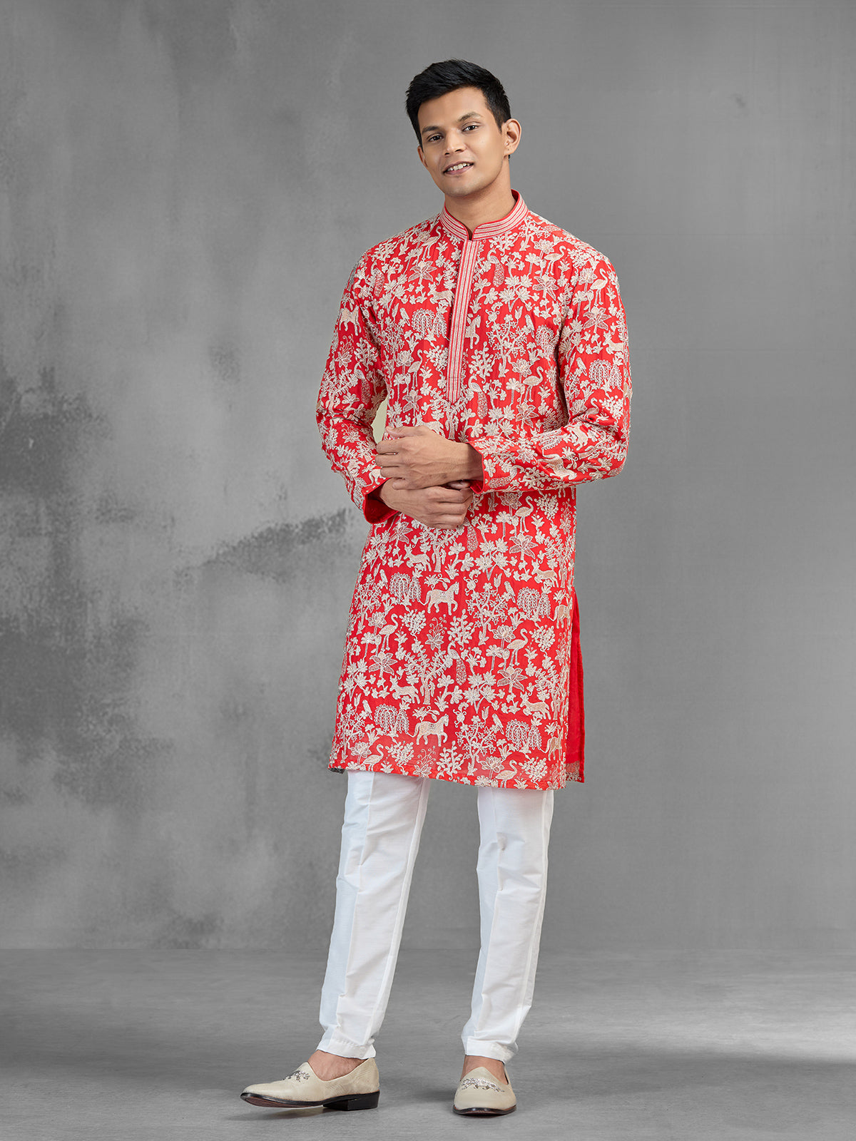 Red silk festive men kurta suit with embroidery