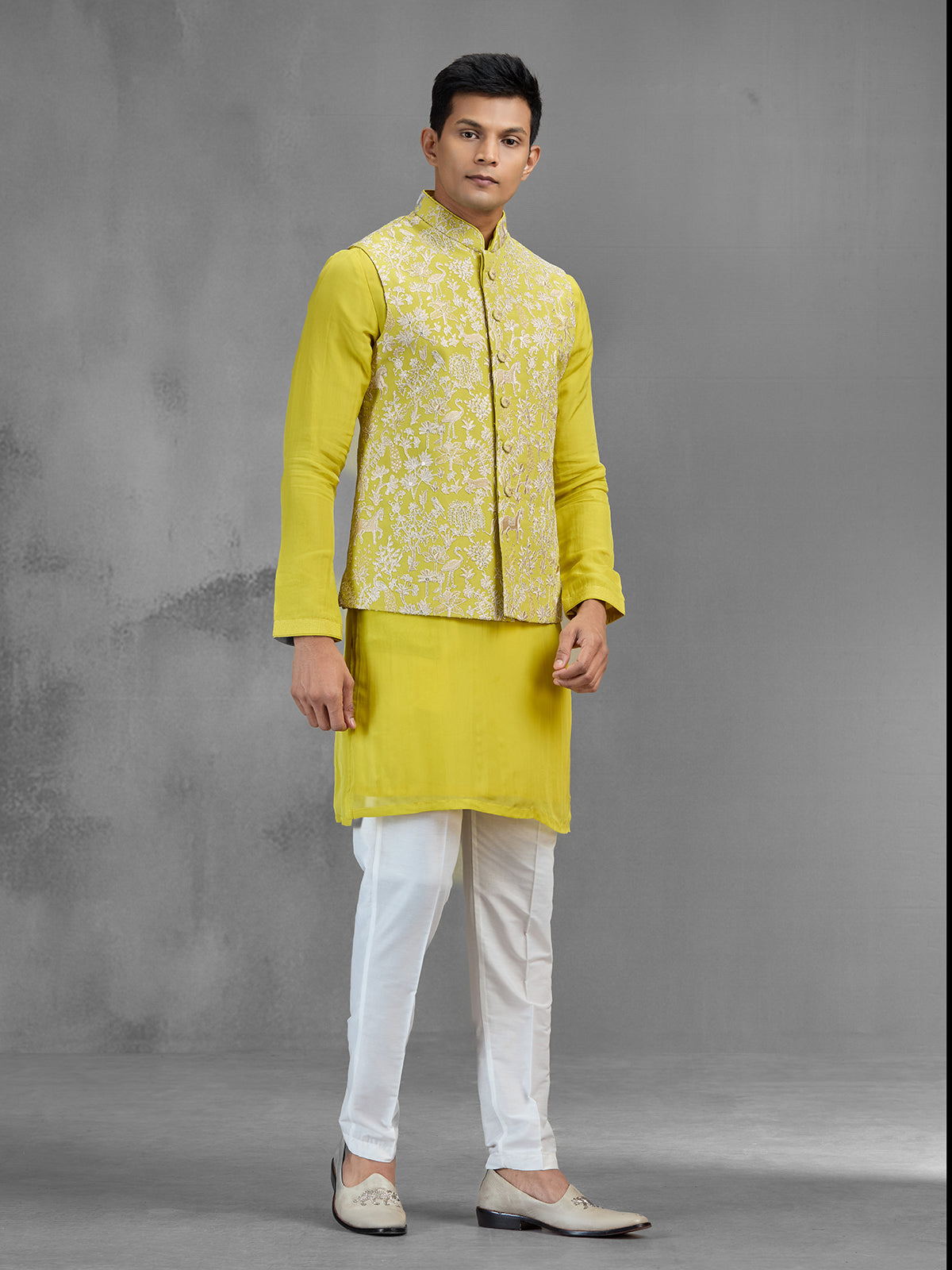 Lime green jacquard silk ethnic mens waistcoat set