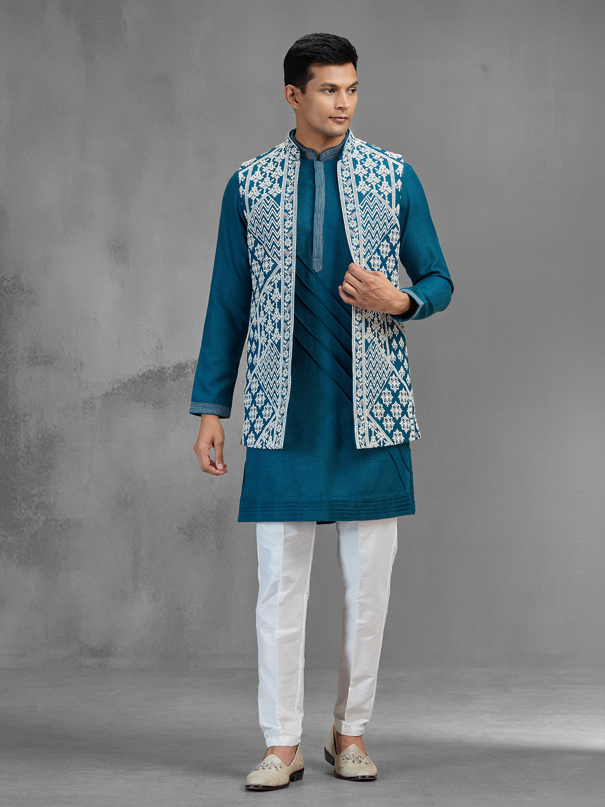 Teal blue art silk geometric mens waistcoat set