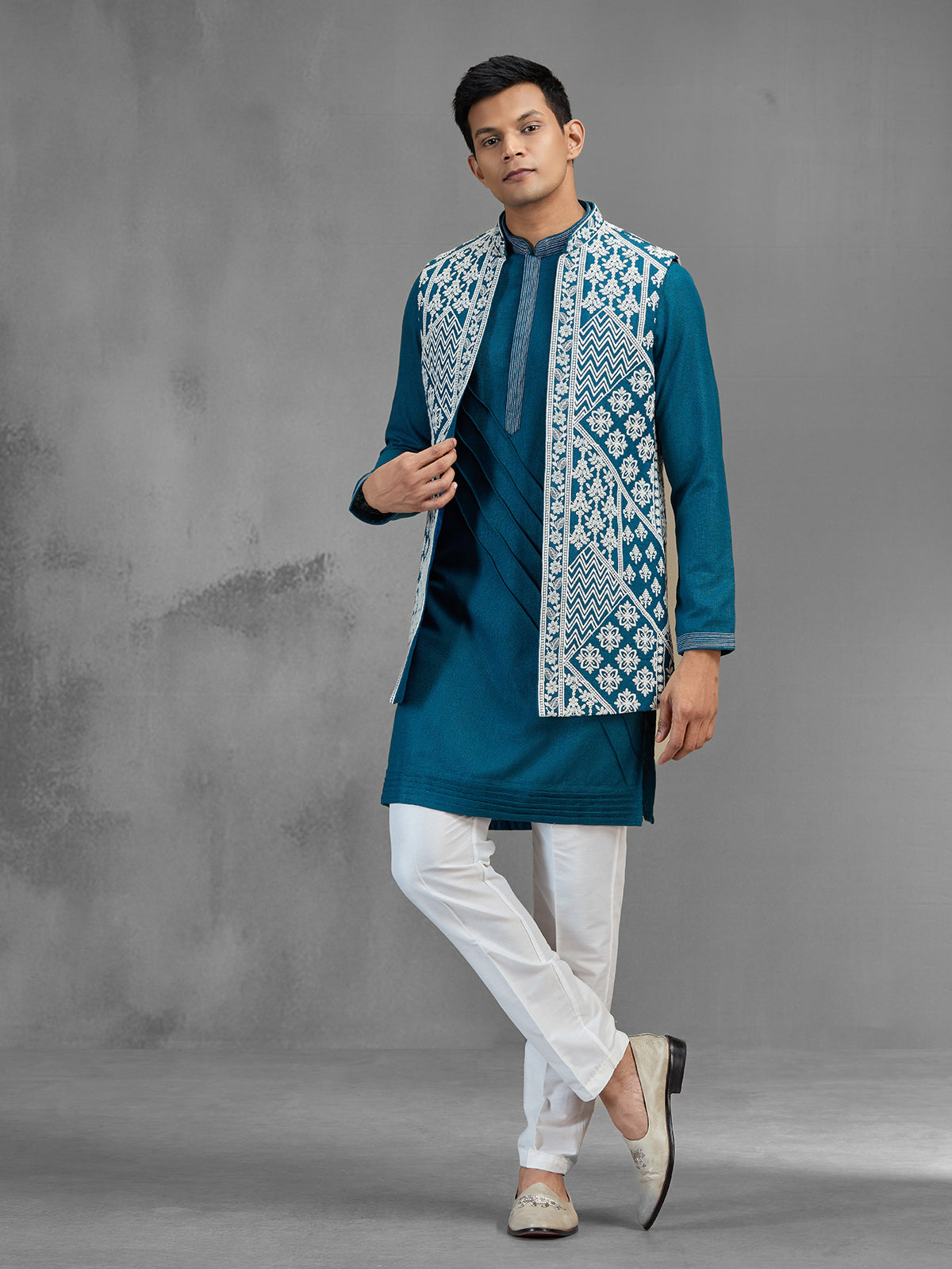 Teal blue art silk geometric mens waistcoat set