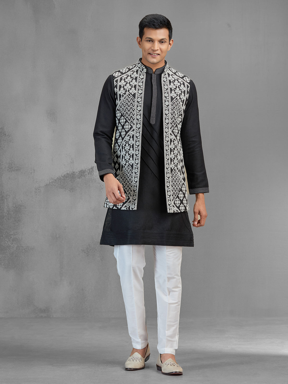 Black art silk embroidered mens waistcoat set for men
