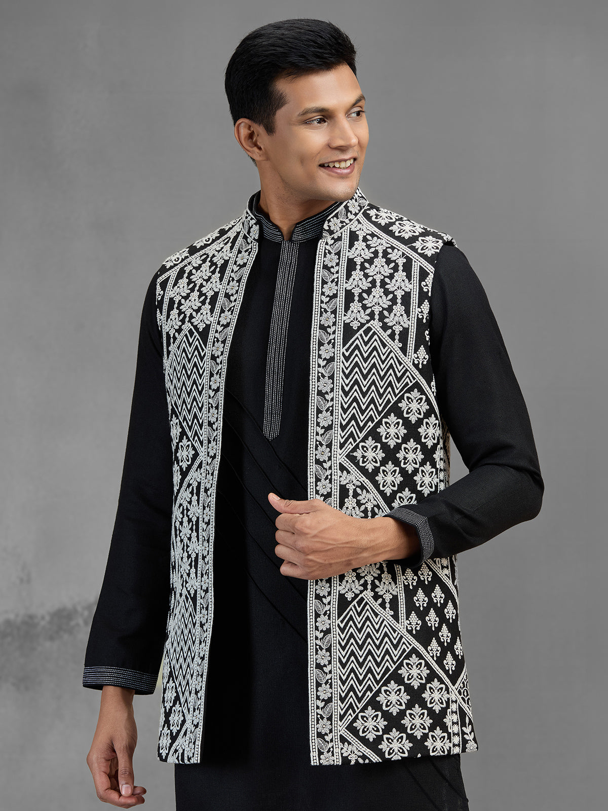 Black art silk embroidered mens waistcoat set for men