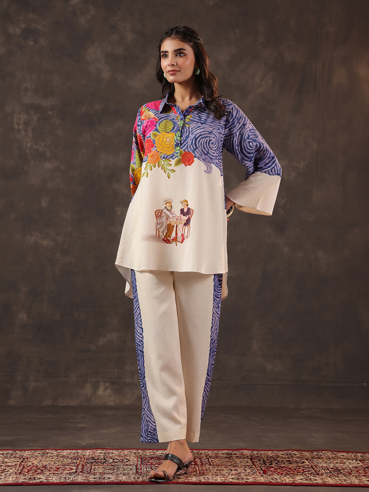 Beige silver linen printed casual festive co ord set