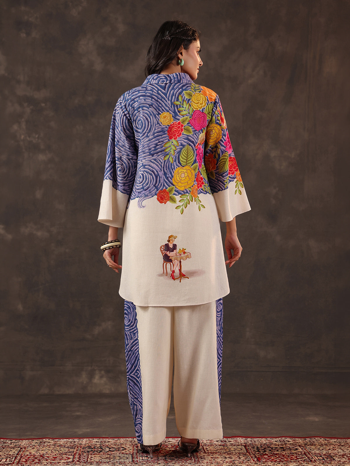 Beige silver linen printed casual festive co ord set