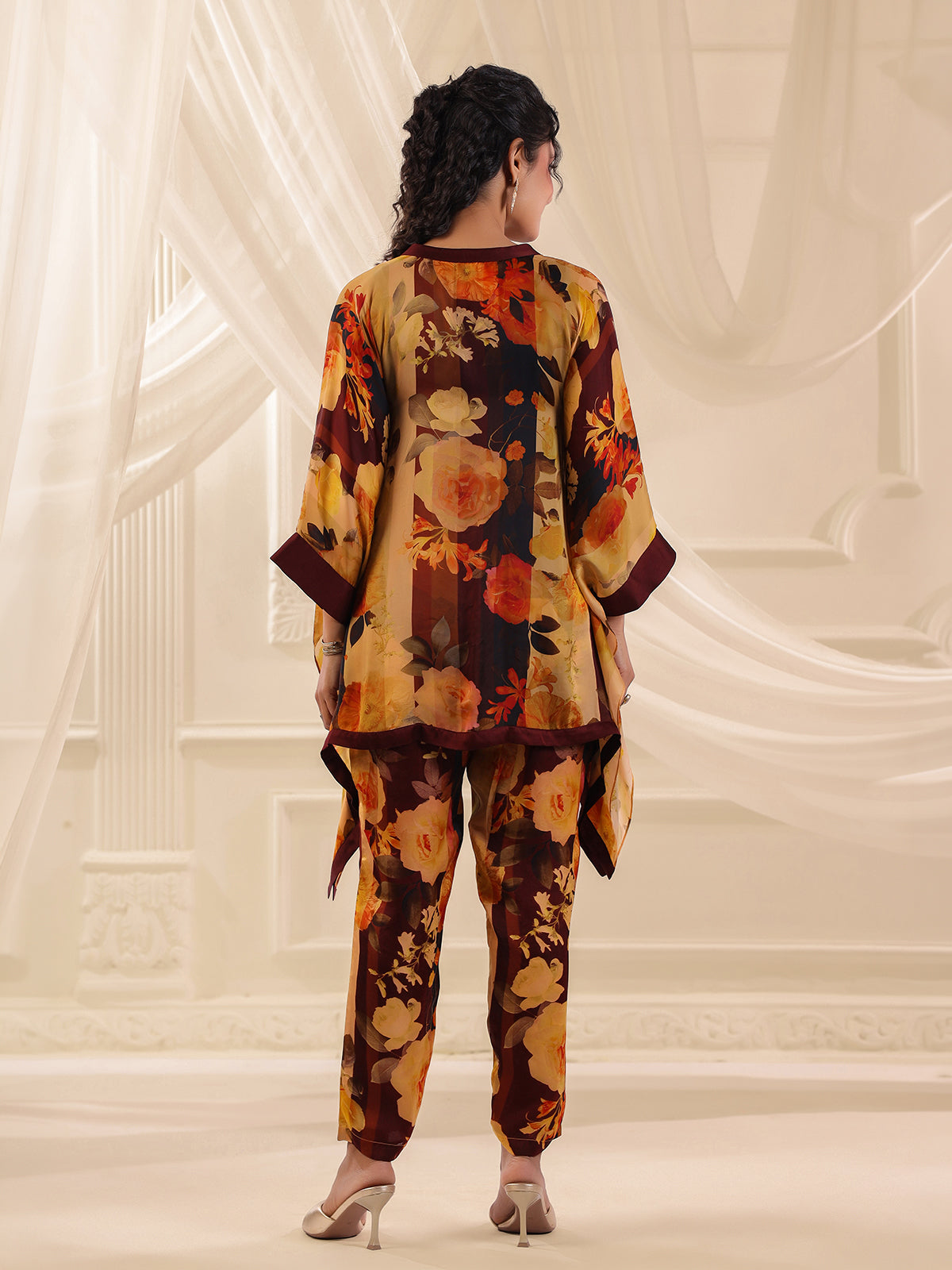Yellow brown satin floral kaftan style co ord set