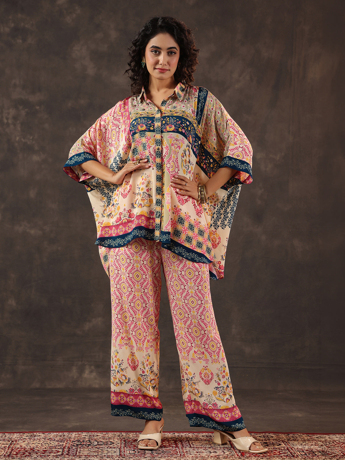 Pink beige viscose crepe printed co ord set