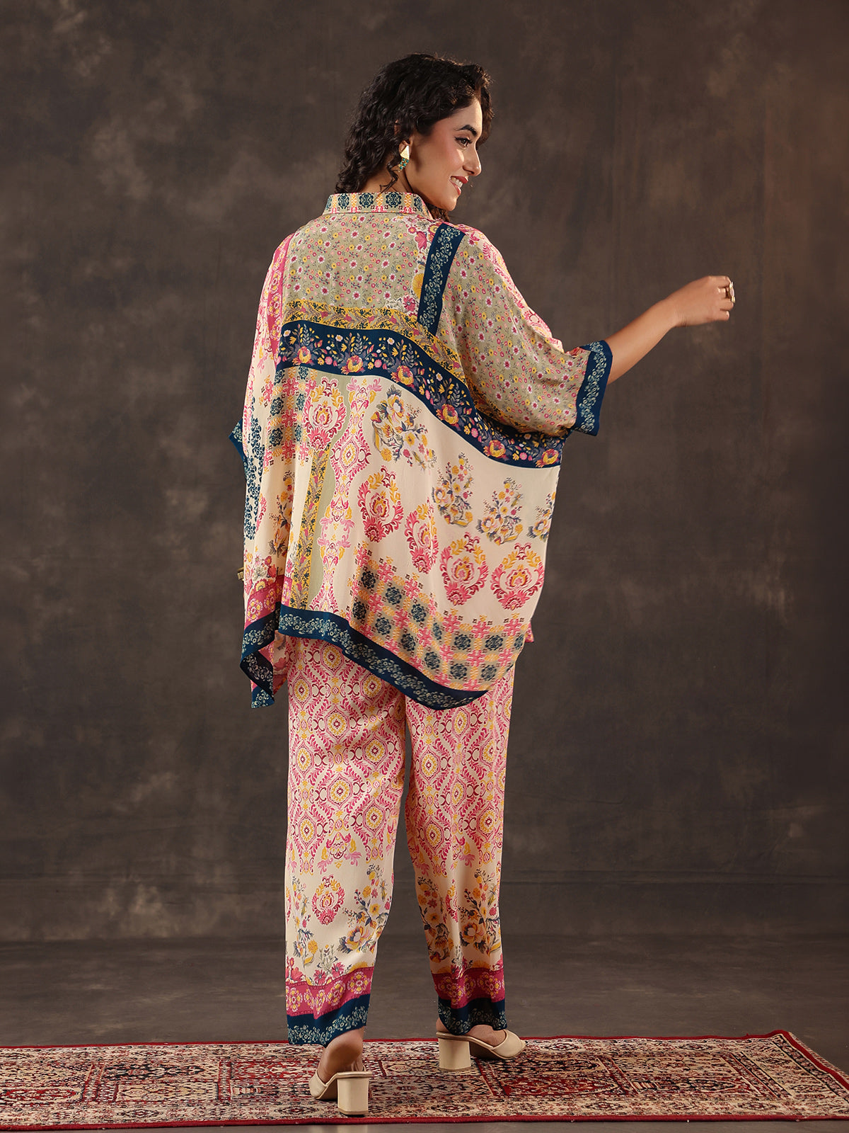 Pink beige viscose crepe printed co ord set