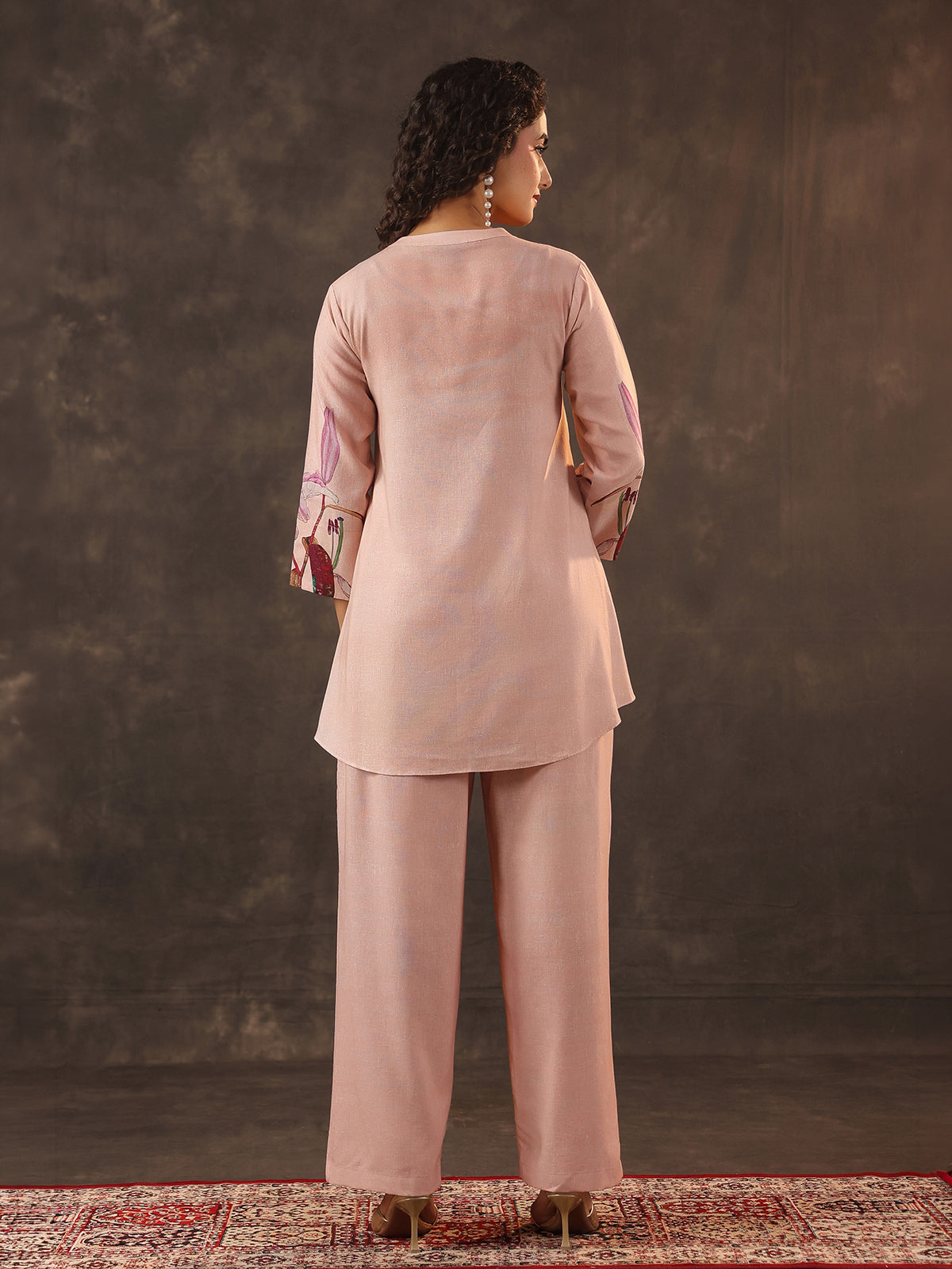 Peach silver linen sequin printed co ord set