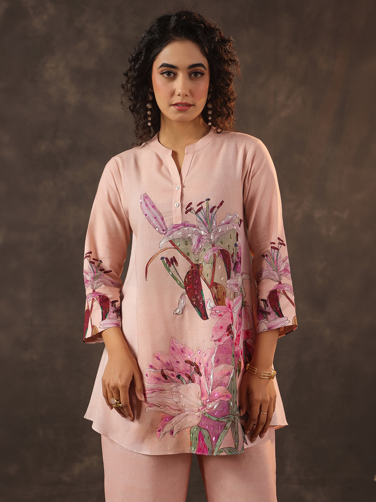 Peach silver linen sequin printed co ord set