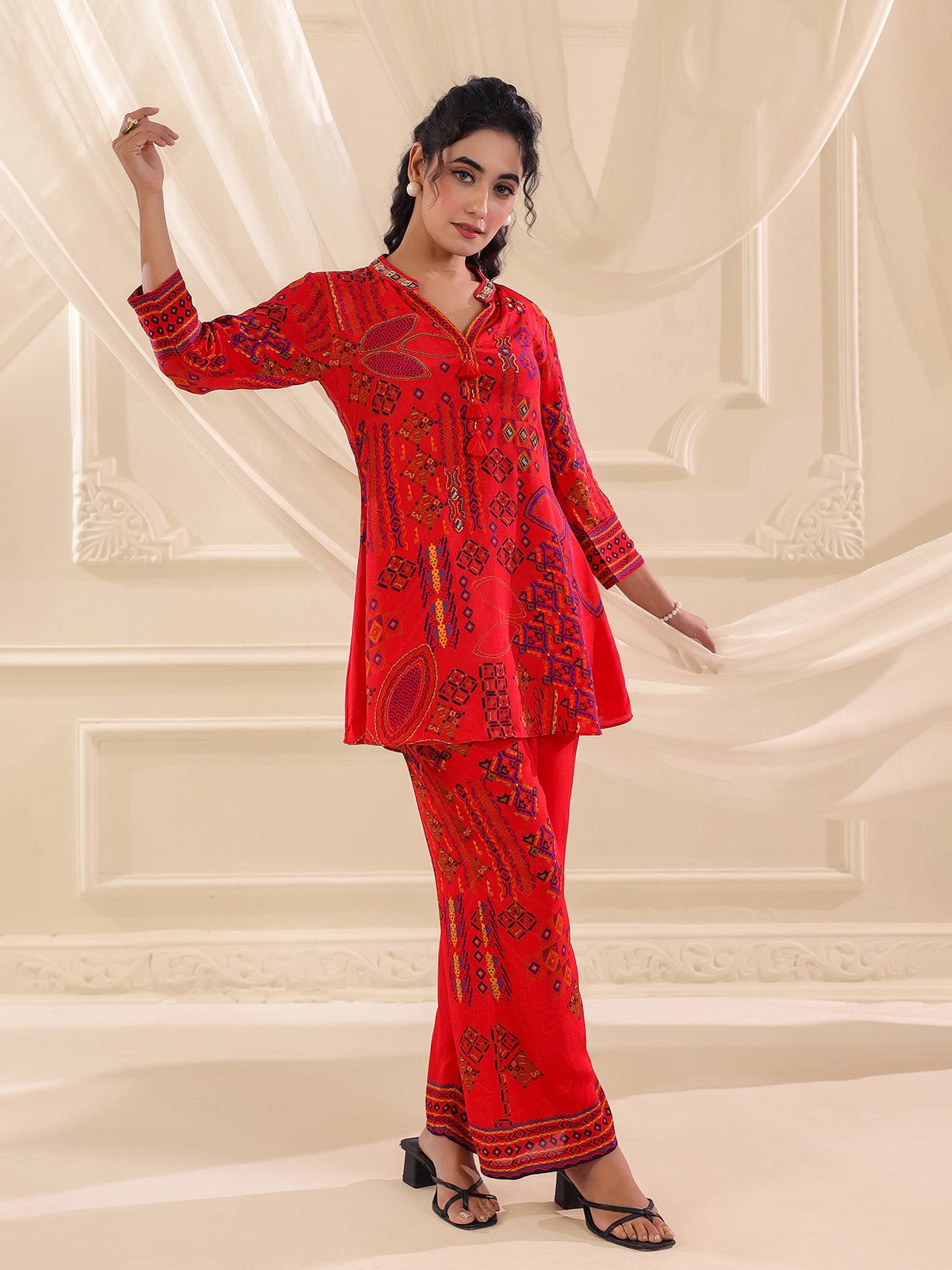Red viscose crepe embellished printed festive co ord set