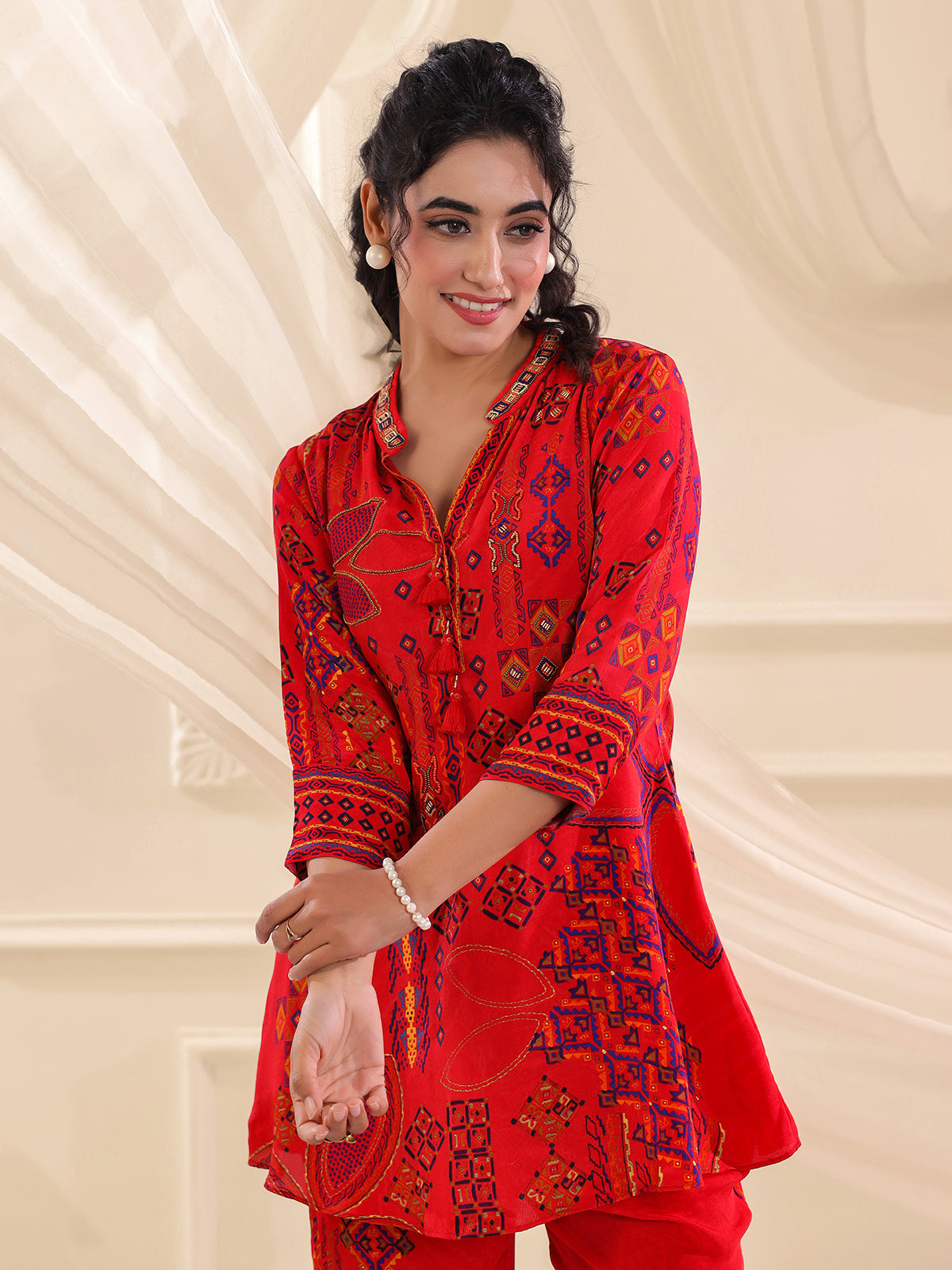 Red viscose crepe embellished printed festive co ord set