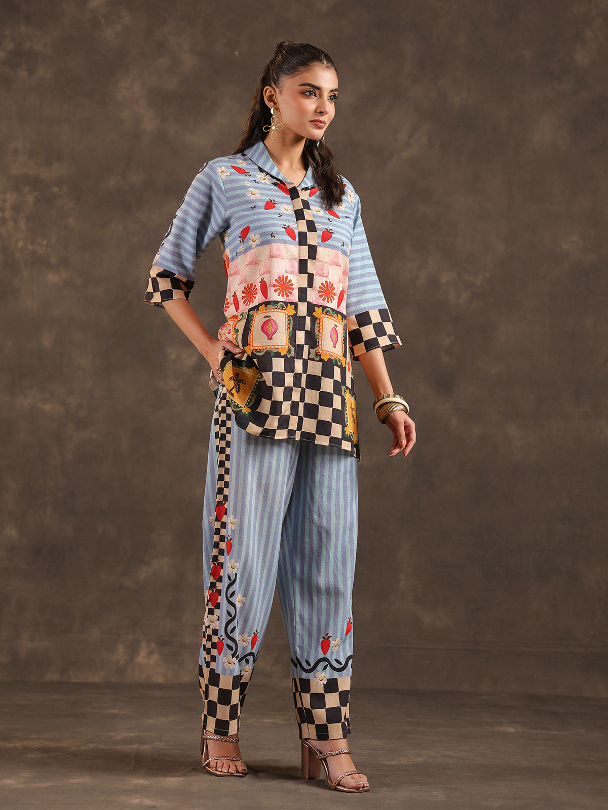 Sky blue silver linen printed casual co ord set