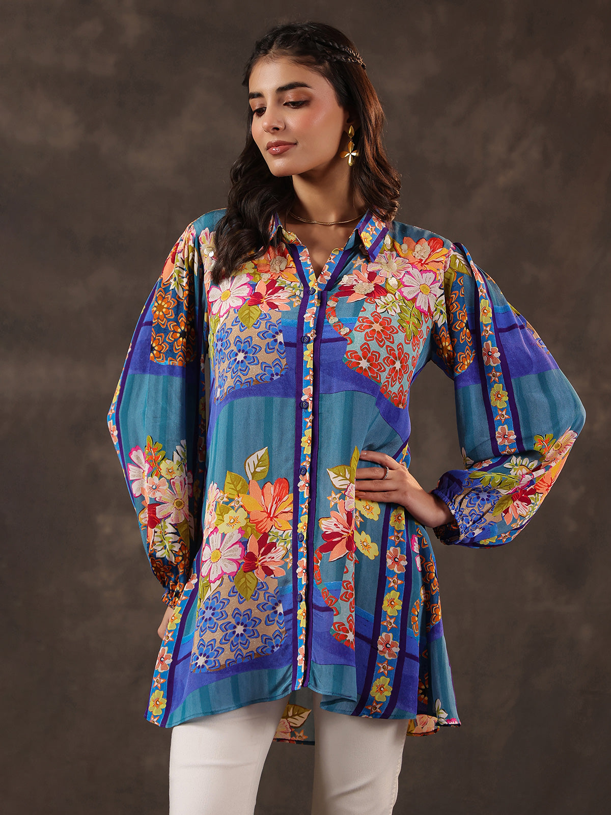 Blue viscose crepe printed casual short kurti